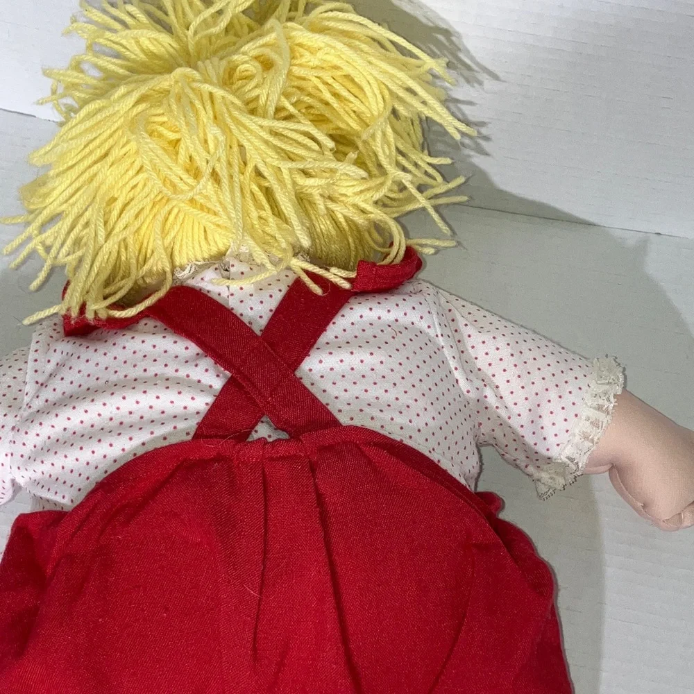 Vintage Homemade Doll with Yellow‎ Yarn Hair Red Overalls Fabric Body 19”